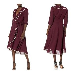 Gabby Skye *NWT* Womens 3/4 Sleeve V-Neck Midi A-Line Dress, Burgundy Sz 14